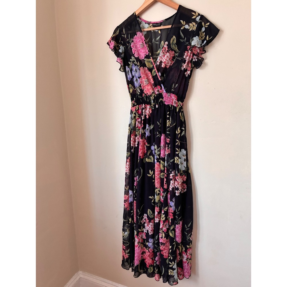 Kate and Lily Floral Maxi Dress Navy Blue Pink Flutter Sleeve 4P Dark Romantic
